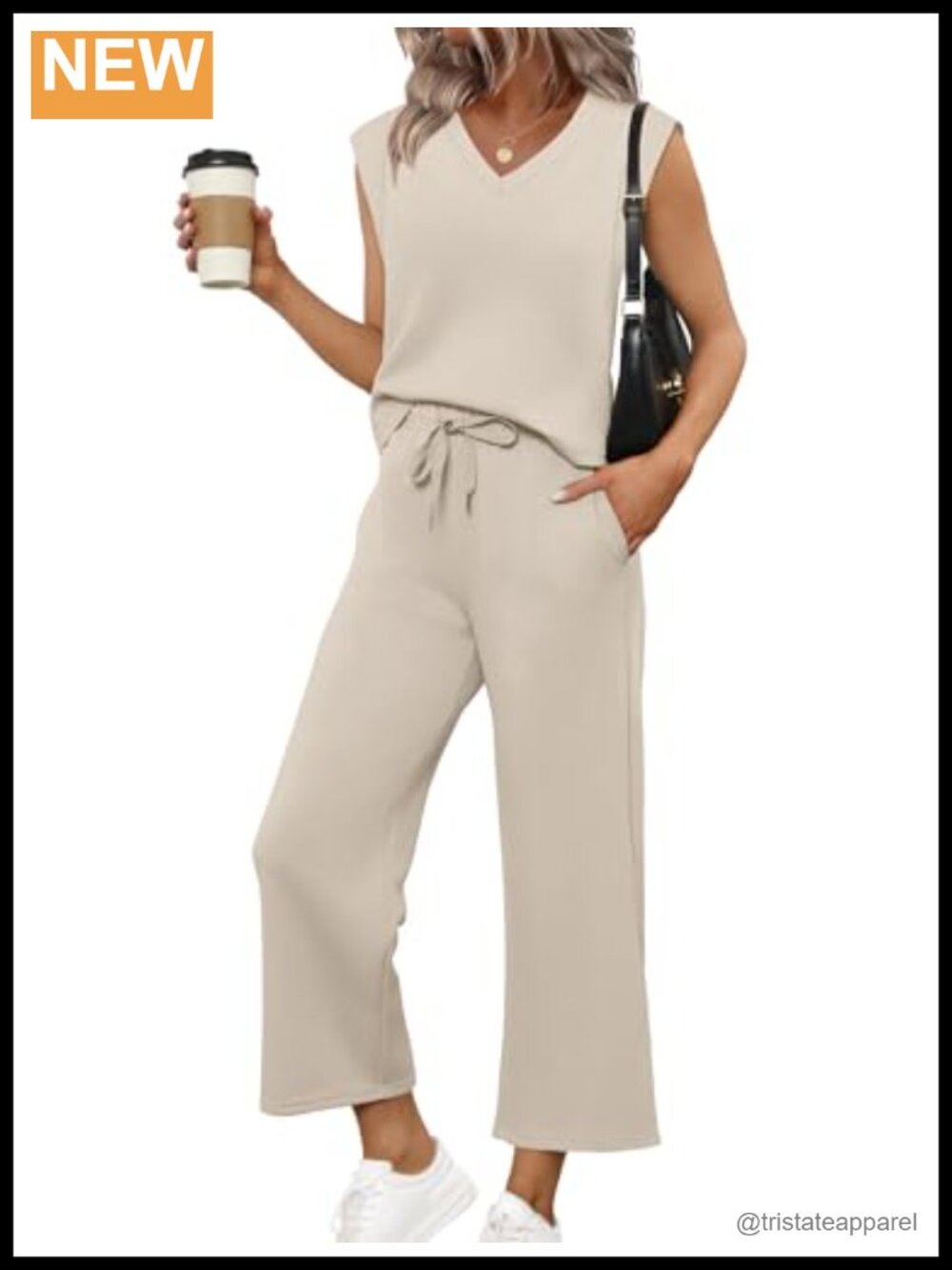 Two Piece Set V-Neck Cap Sleeve Top Wide-Leg Crop Pants Summer Travel Vacation